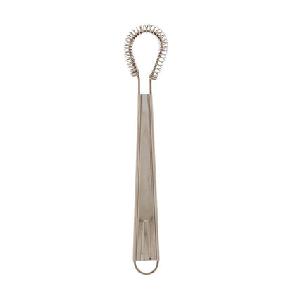 Stainless steel mini whisk, 8" long, with a coiled spring head and flat handle.