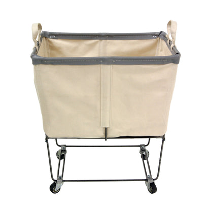 Steele 3-Bushel Canvas Elevated Rolling Laundry Hamper: natural canvas, steel frame, grey trim, casters.