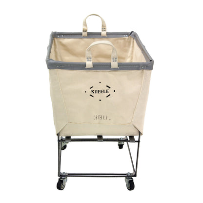 Steele 3-Bushel canvas elevated rolling laundry hamper with steel frame and casters.