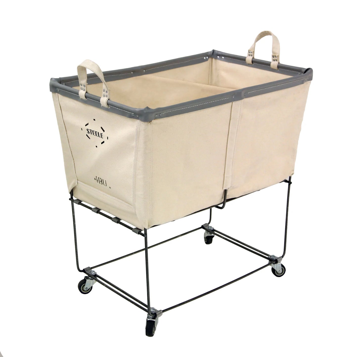 Steele 4-Bushel elevated rolling laundry hamper with natural canvas basket, gray trim, and black steel frame.