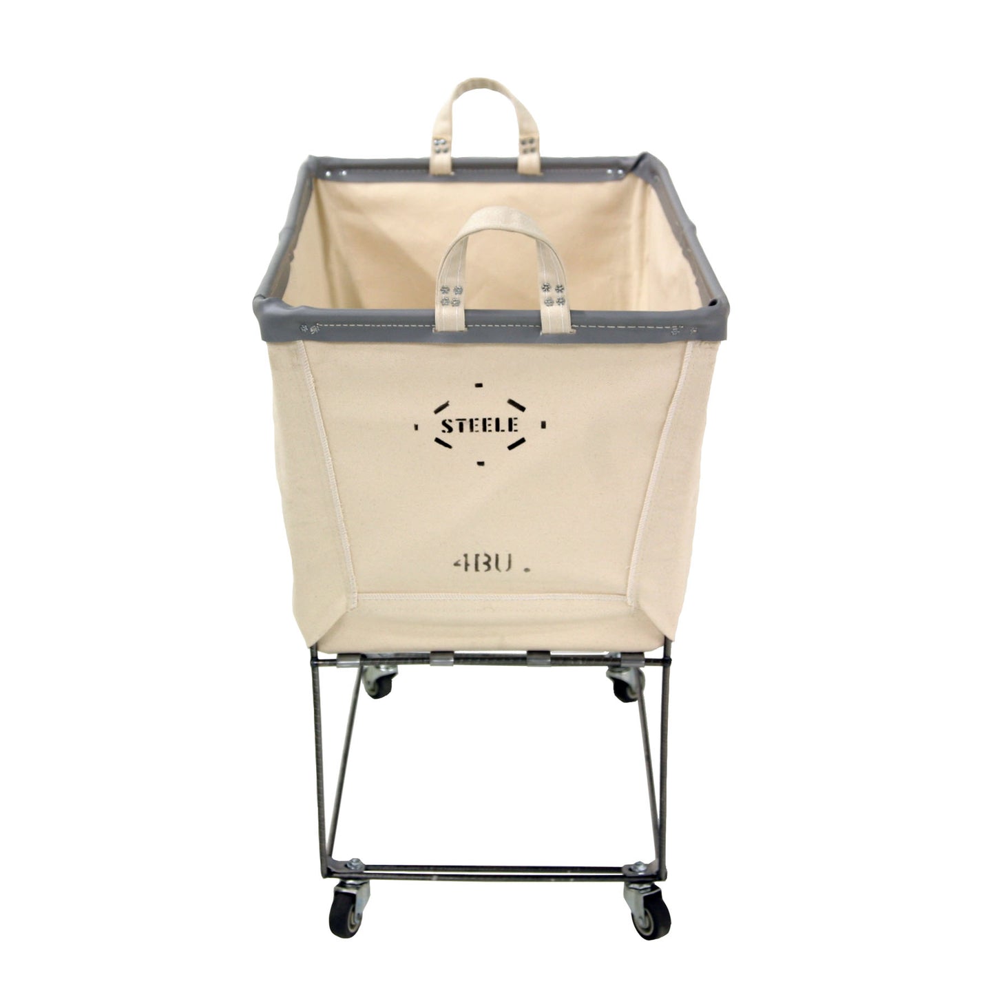 Steele 4-Bushel Canvas Elevated Rolling Laundry Hamper, natural canvas with gray trim and steel frame.