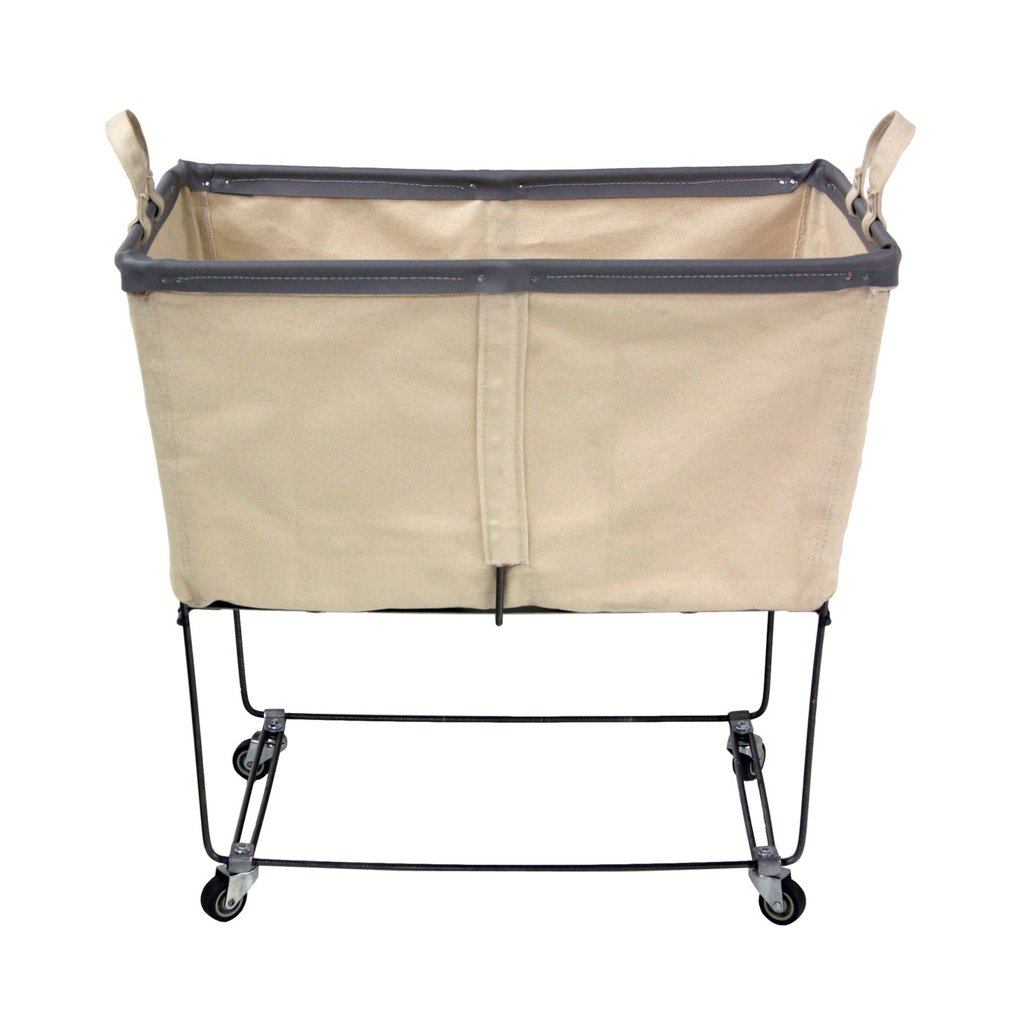 Steele 4-bushel elevated rolling laundry hamper with natural canvas basket, gray trim, and black steel frame.