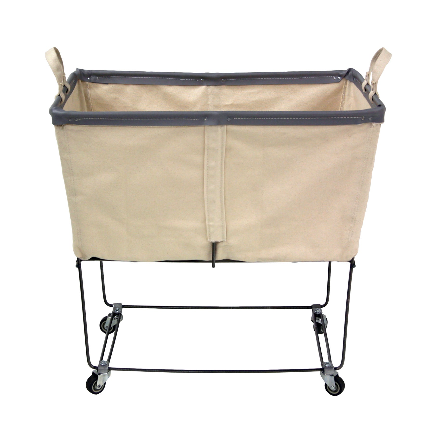Steele 4-bushel elevated rolling laundry hamper with natural canvas basket, gray trim, and black steel frame.