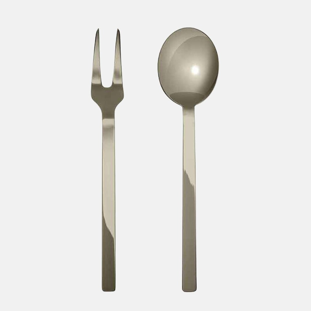 Stile Ice Champagne 2-piece serving set: 10"L 18/10 stainless steel fork and spoon with mirror-polished finish.
