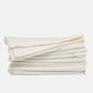Stack of folded stonewashed white denim napkins, 20" square, with single needle stitch.