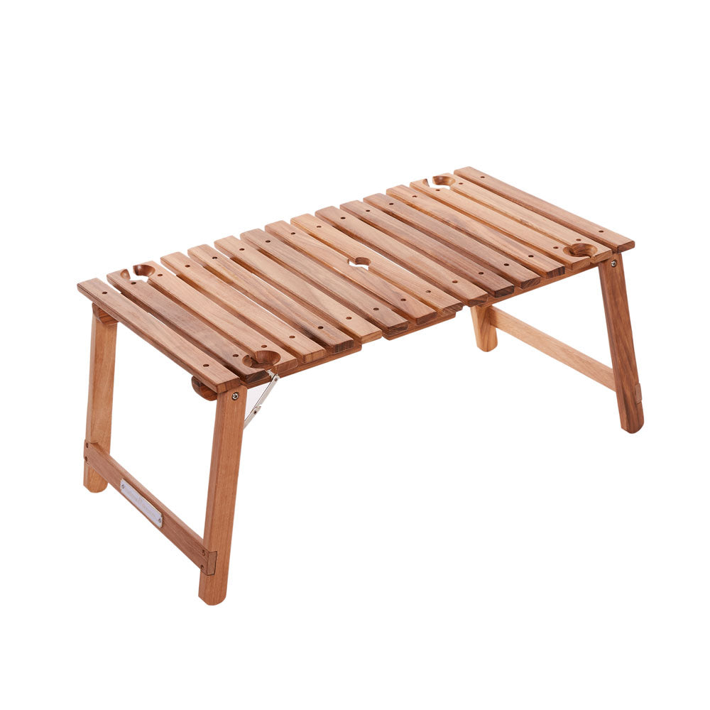 Teak portable outdoor picnic table with slatted top, folding legs, 4 wine glass holders, and umbrella hole.