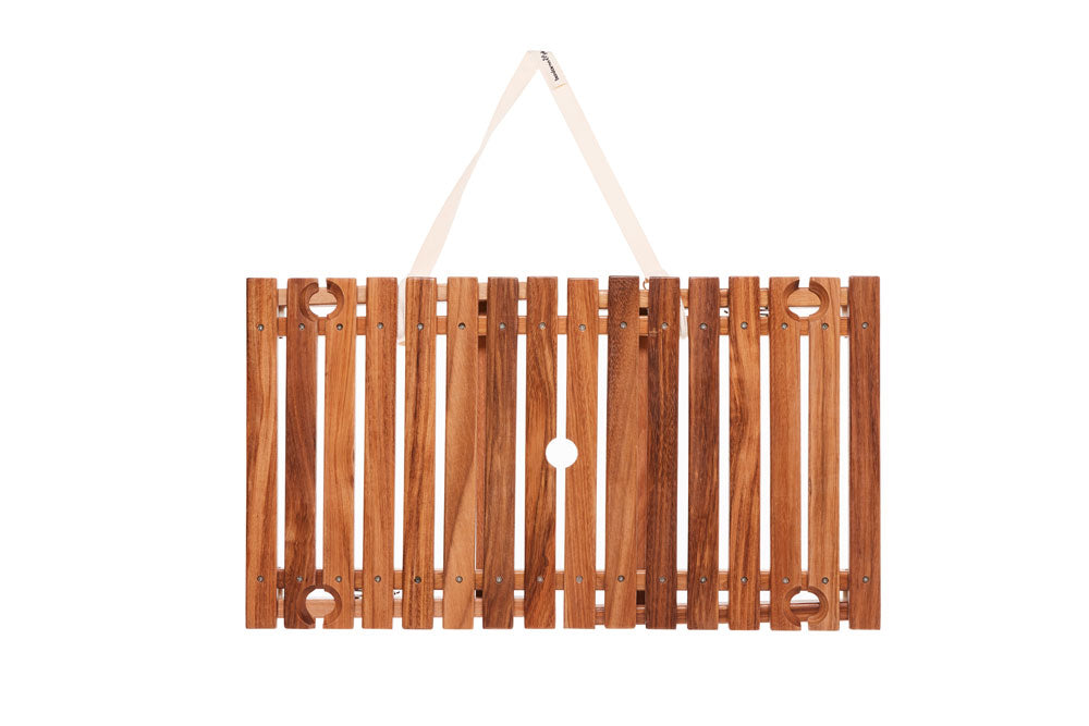 Teak portable outdoor picnic table with slatted top, 4 wine glass holders, umbrella hole, and carry strap.