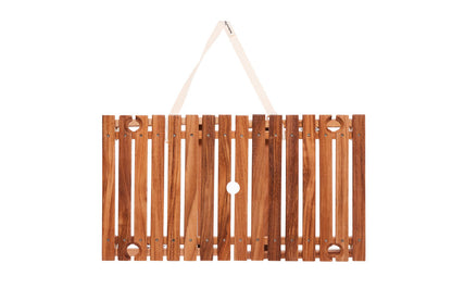 Teak portable outdoor picnic table with slatted top, 4 wine glass holders, umbrella hole, and carry strap.