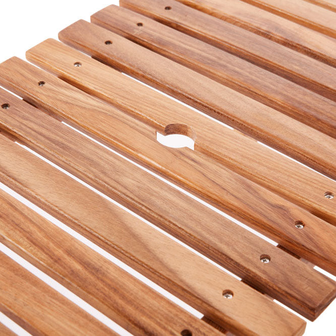 Teak portable outdoor picnic table with slatted top, umbrella hole, and visible hardware.