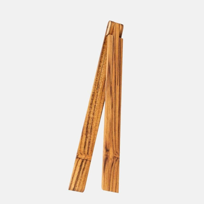 Foldable 7" L x 1" W teak wood serving tongs, natural brown with visible grain.