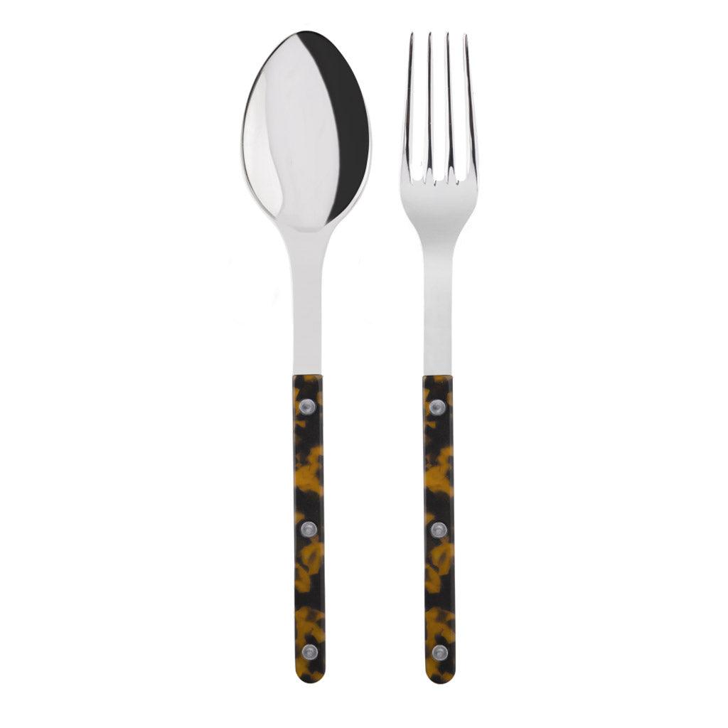 Tortoise Bistro 2-piece serving set: 10.25" 18/10 stainless steel spoon and fork with tortoise acrylic handles.
