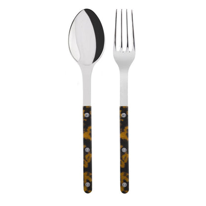 Tortoise Bistro 2-piece serving set: 10.25" 18/10 stainless steel spoon and fork with tortoise acrylic handles.