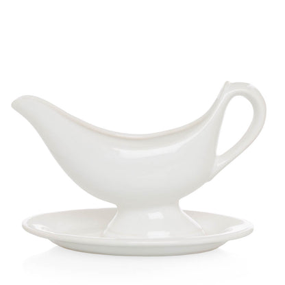 Toscana white ceramic sauce/gravy boat with integrated handle and attached oval plate.