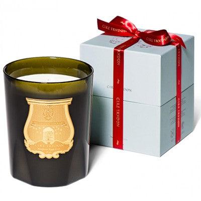 Trudon Abd El Kader Great Scented Candle in a dark green glass vessel with a gold emblem, next to a light blue gift box with a red ribbon.
