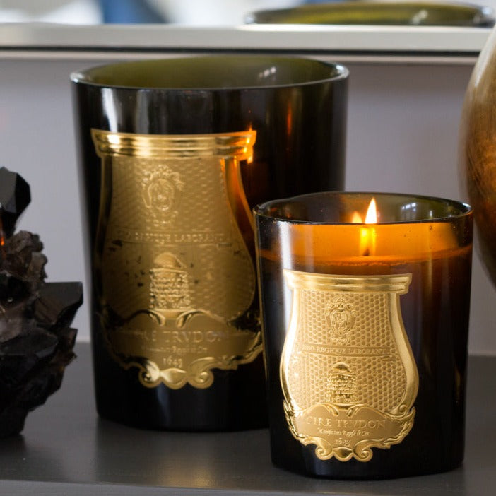 Two Trudon Abd El Kader Intermezzo scented candles in dark green glass vessels with gold embossed labels, one lit.