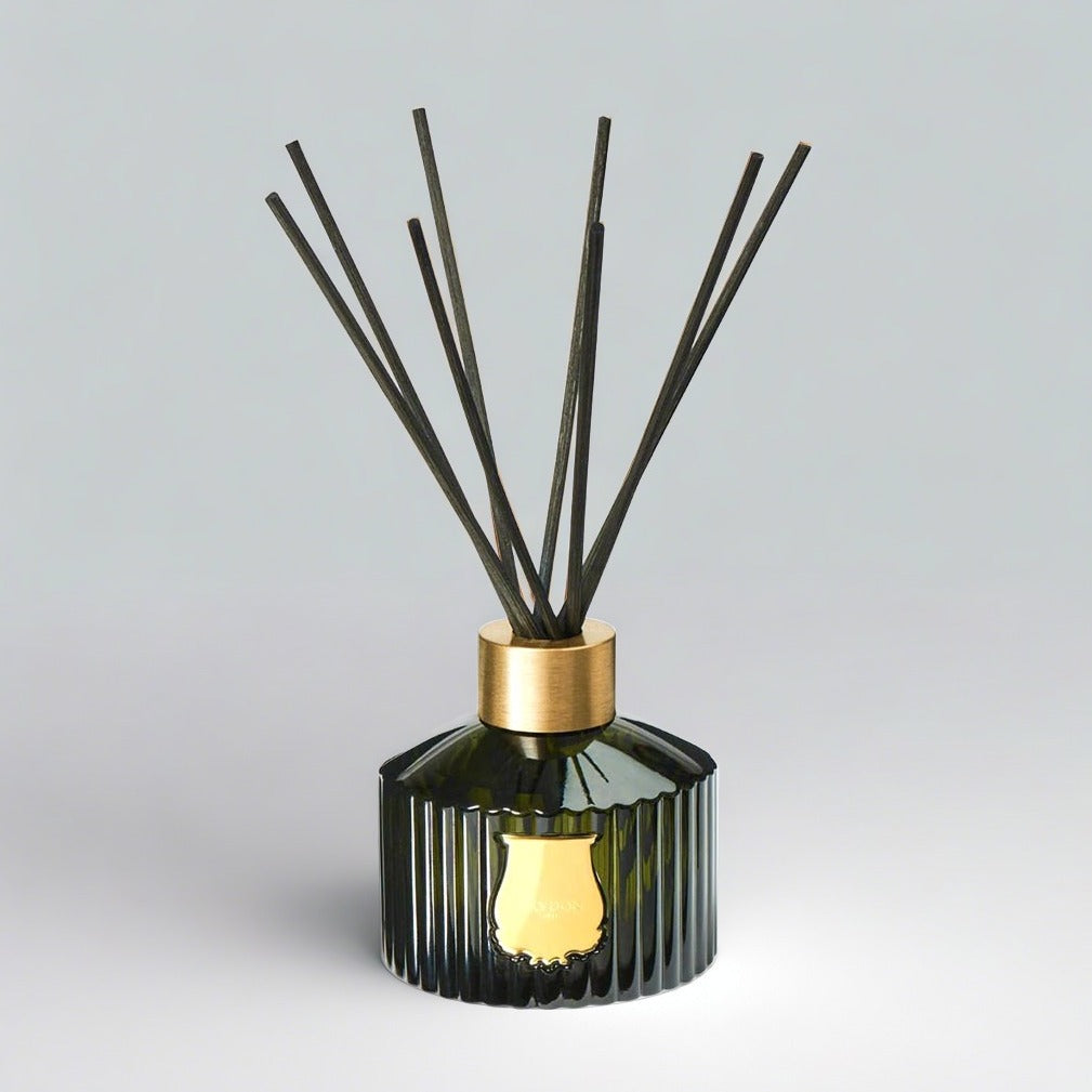 Trudon Abd El Kader reed diffuser in a fluted dark green glass bottle with a gold seal and black rattan sticks.