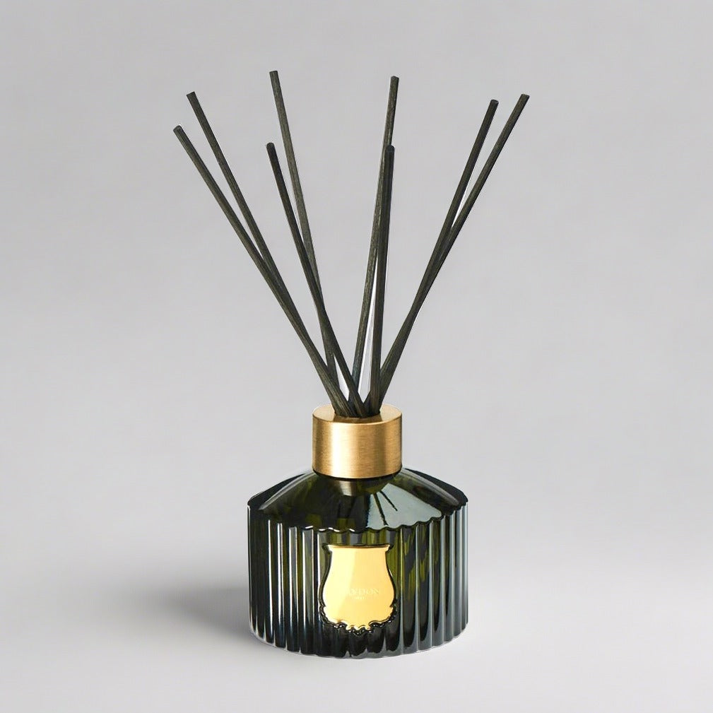 Trudon Ernesto Scented Reed Diffuser: 11-oz fluted dark green glass bottle with gold seal and black rattan sticks.