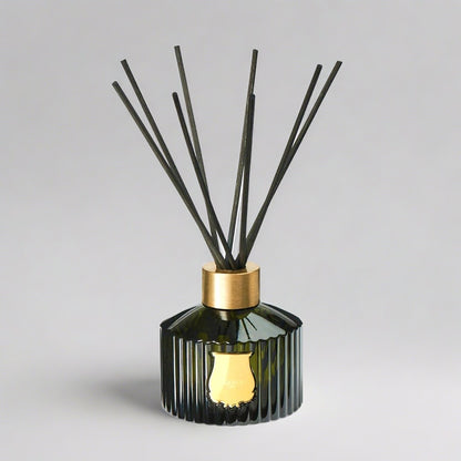 Trudon Ernesto Scented Reed Diffuser: 11-oz fluted dark green glass bottle with gold seal and black rattan sticks.
