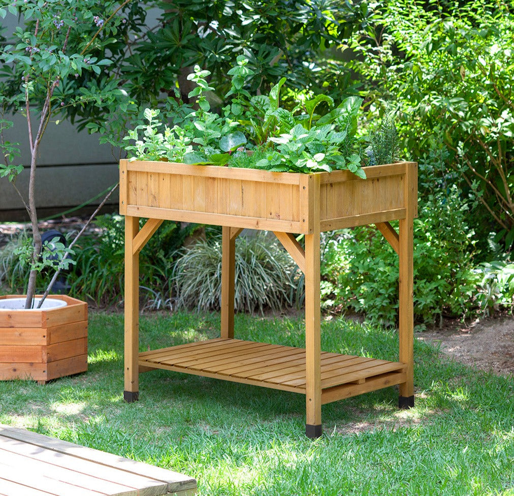 VegTrug Wood Herb Garden Planter, natural cedar, elevated with a lower shelf, filled with green herbs.