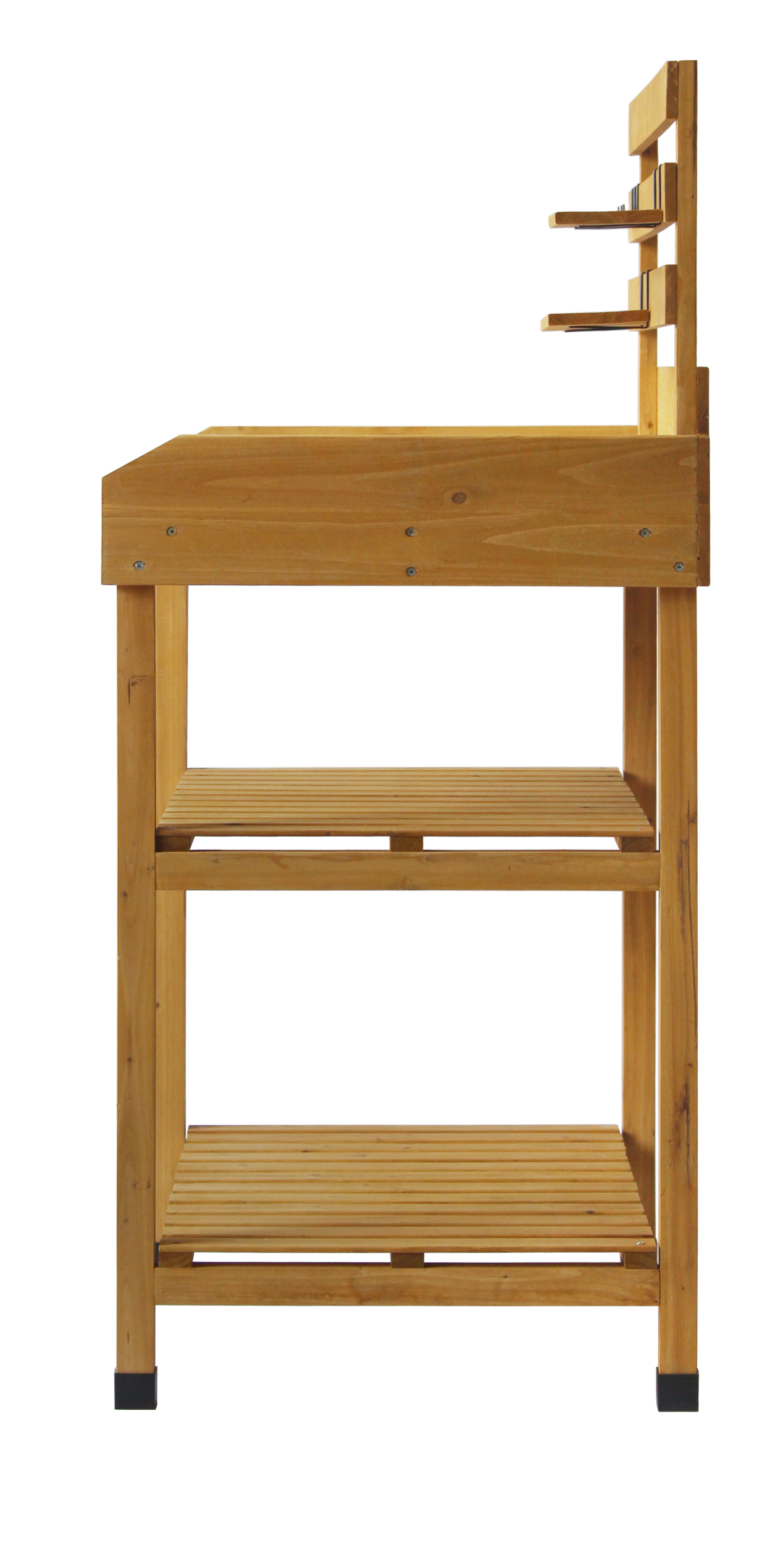 VegTrug wood potting table with slatted shelves and side hooks.