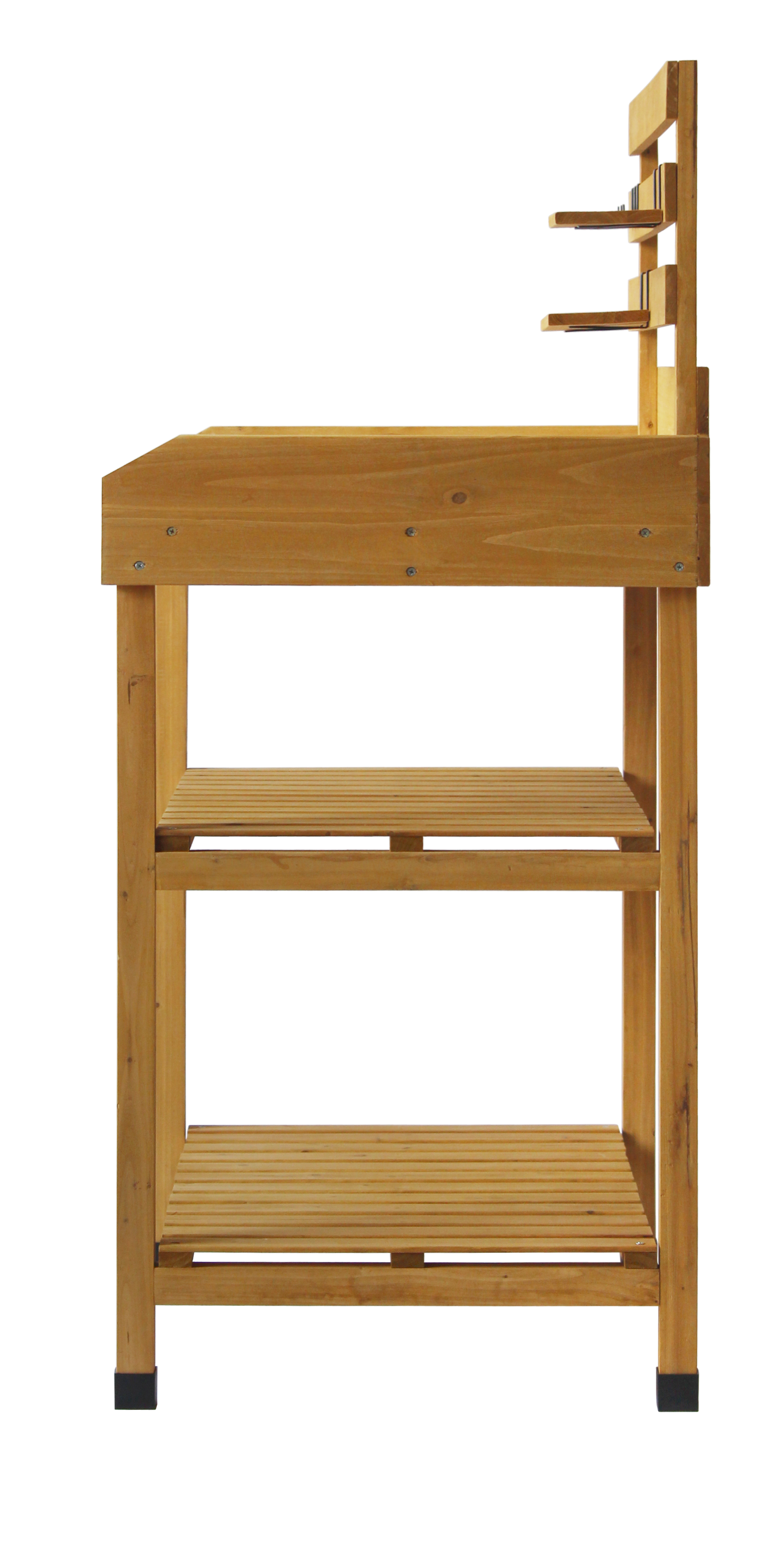 VegTrug wood potting table with slatted shelves and side hooks.
