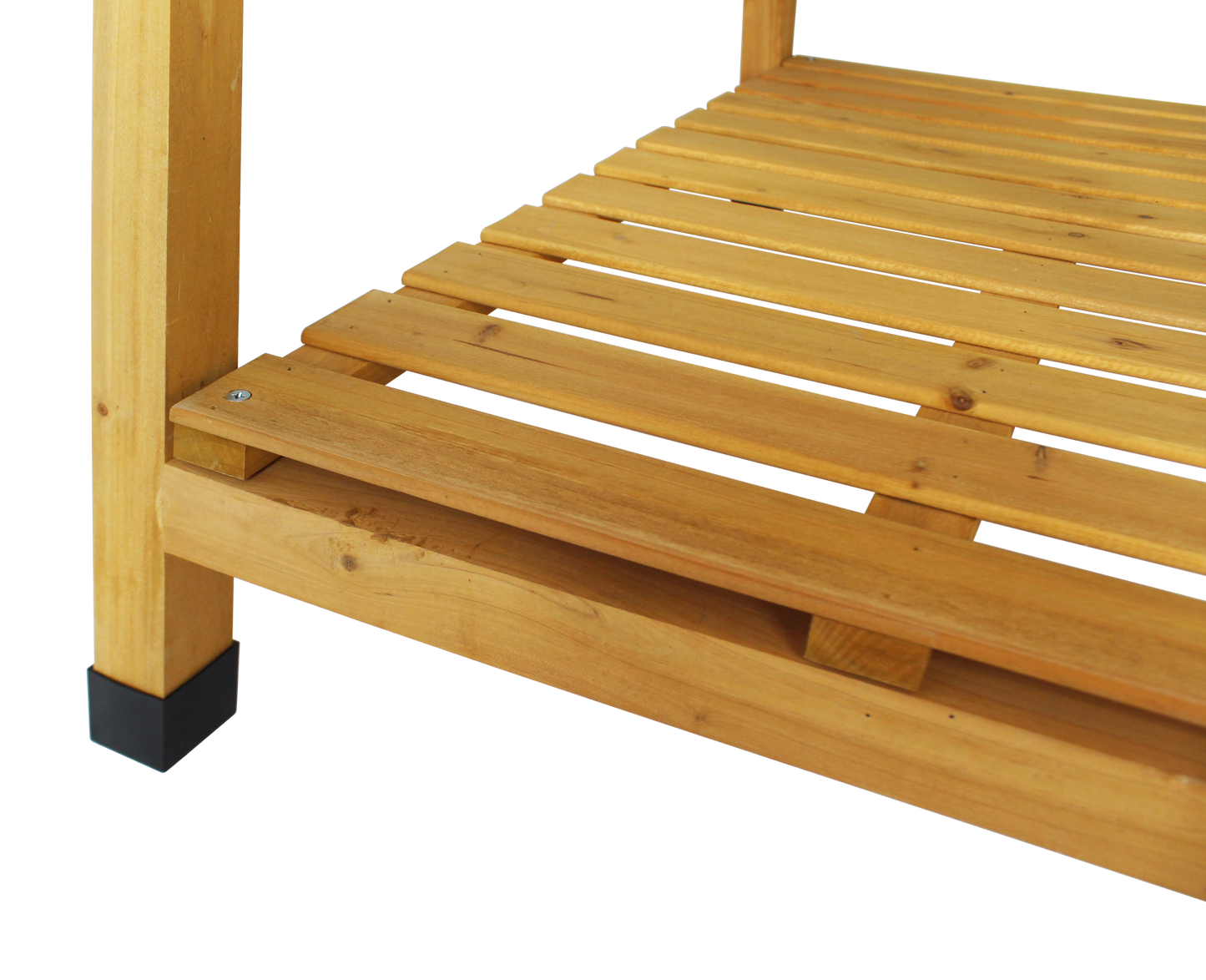 Light brown slatted wood potting table shelf with black leg cap.
