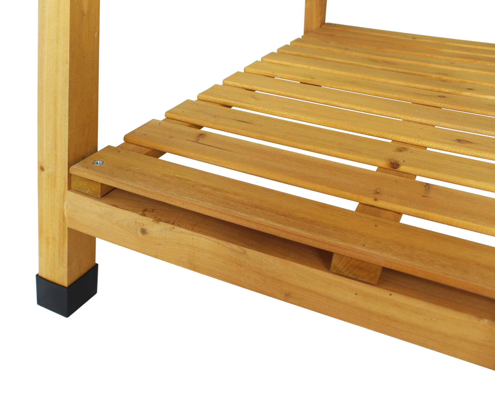 Light brown slatted wood potting table shelf with black leg cap.