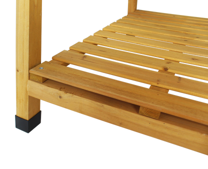 Light brown slatted wood potting table shelf with black leg cap.