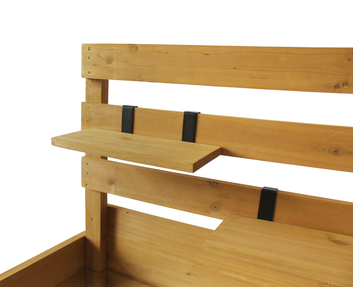 VegTrug Wood Potting Table, light brown wood with black tool hooks and a small shelf.