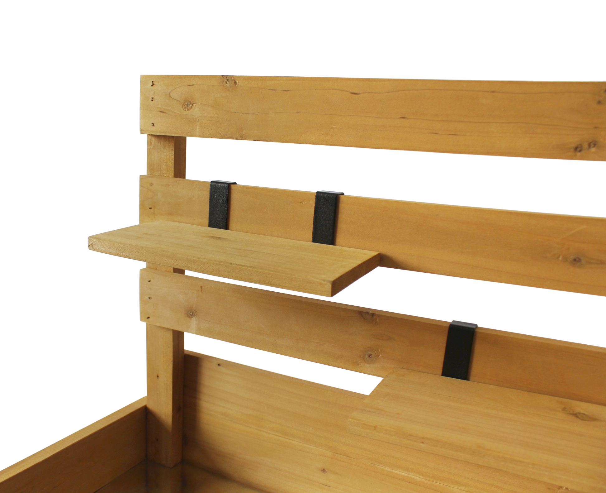 VegTrug Wood Potting Table, light brown wood with black tool hooks and a small shelf.
