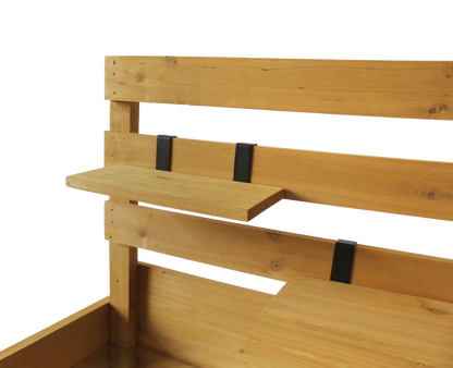 VegTrug Wood Potting Table, light brown wood with black tool hooks and a small shelf.