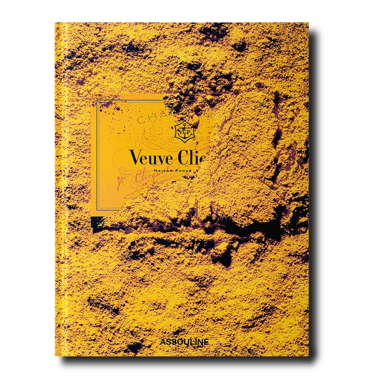 Assouline "Veuve Clicquot" hardback book with a textured yellow cover and black title.