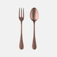 Vintage Bronze 2-piece serving set: 10"L neo-baroque stainless steel fork and spoon with a warm bronze finish.