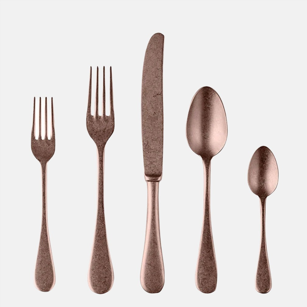 Vintage Bronze 5-piece flatware set: dinner fork, salad fork, knife, soup spoon, teaspoon. Italian-designed, 18/10 stainless steel.