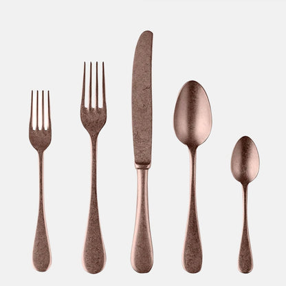 Vintage Bronze 5-piece flatware set: dinner fork, salad fork, knife, soup spoon, teaspoon. Italian-designed, 18/10 stainless steel.