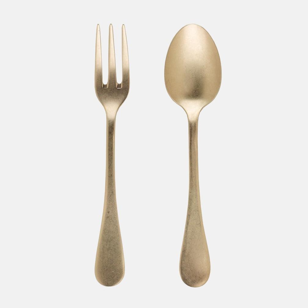 Vintage Champagne 2-piece serving set: 10"L Italian 18/10 stainless steel fork and spoon with warm silvery-champagne finish.