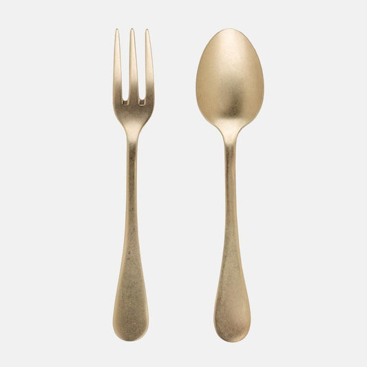 Vintage Champagne 2-piece serving set: 10"L Italian 18/10 stainless steel fork and spoon with warm silvery-champagne finish.