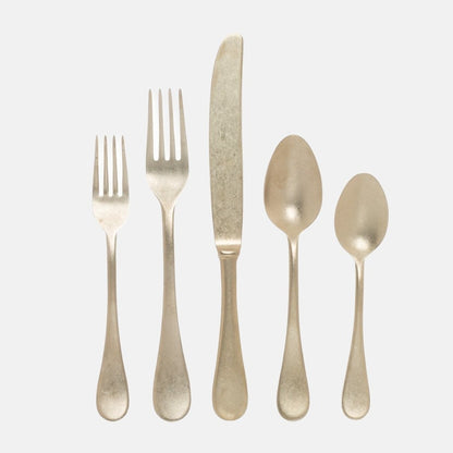 Vintage Champagne 5-piece flatware set: two forks, knife, two spoons in warm silvery-champagne 18/10 stainless steel.