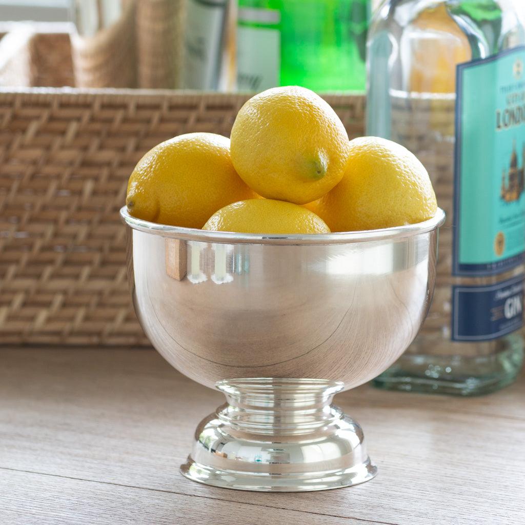 Vintage silverplate 8" footed bowl filled with lemons, c.1960.