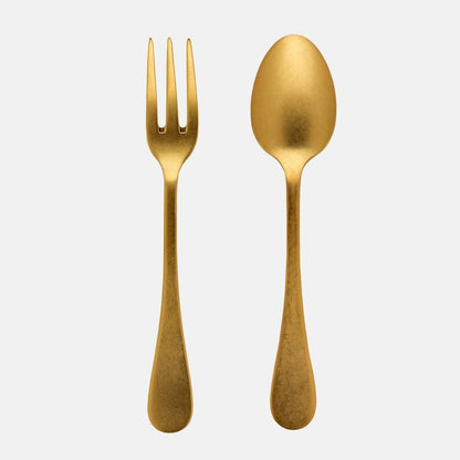 Vintage Oro 2-piece serving set: 10"L gold 18/10 stainless steel fork and spoon.