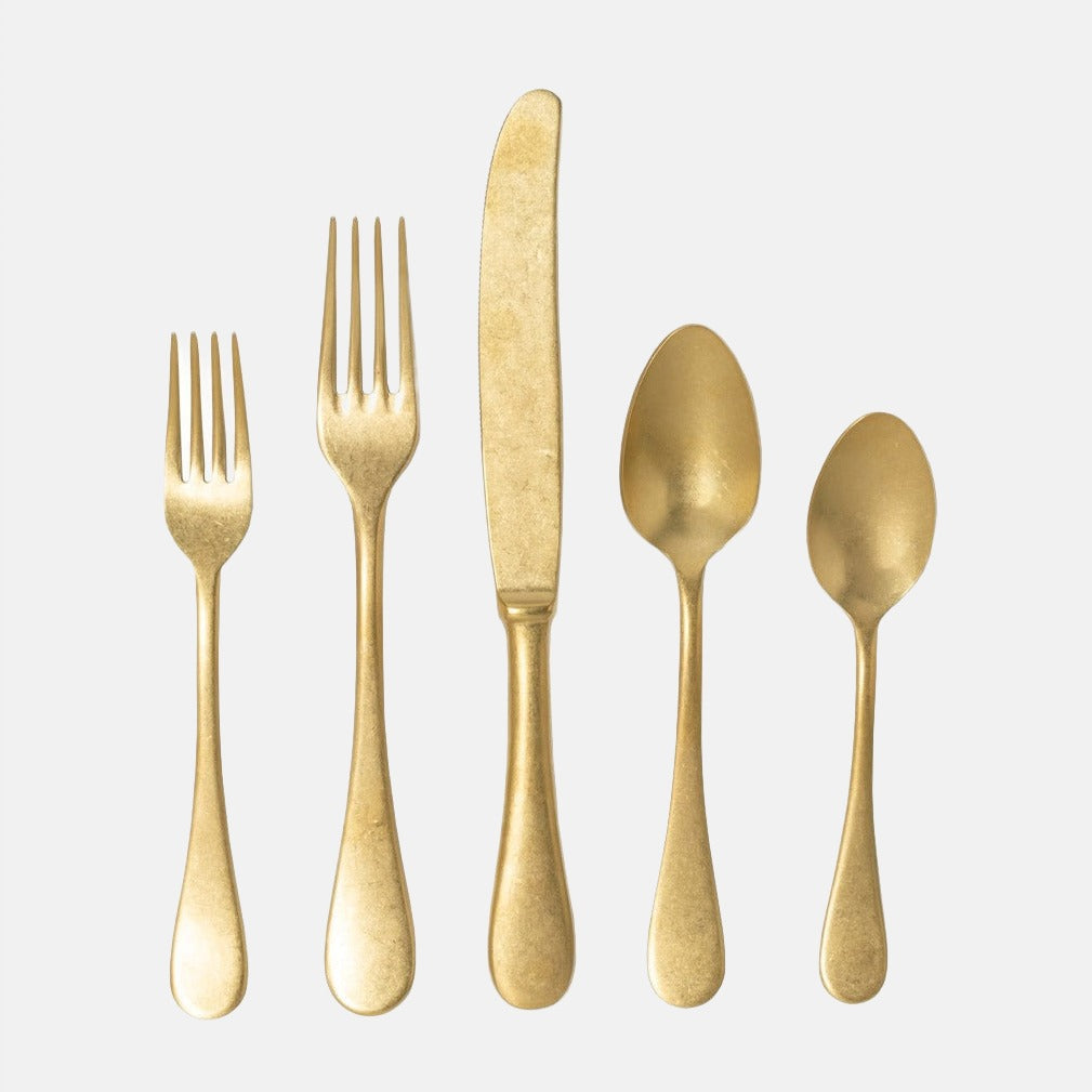 Vintage Oro 5-piece flatware set: gold-finished 18/10 stainless steel dinner fork, salad fork, knife, soup spoon, teaspoon.