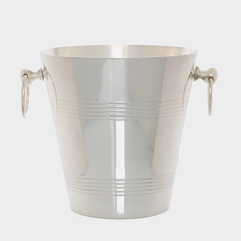 Vintage silverplate Godfrey ice bucket with ring handles and horizontal etched lines.
