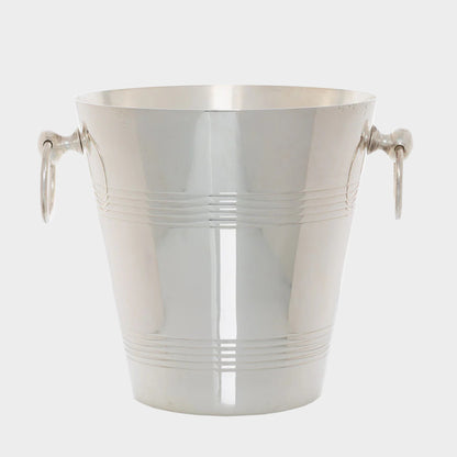 Vintage silverplate Godfrey ice bucket with ring handles and horizontal etched lines.