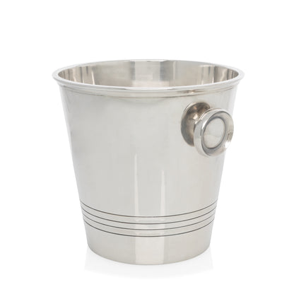Vintage silverplate Iain ice bucket with ring handles and three horizontal etched lines.