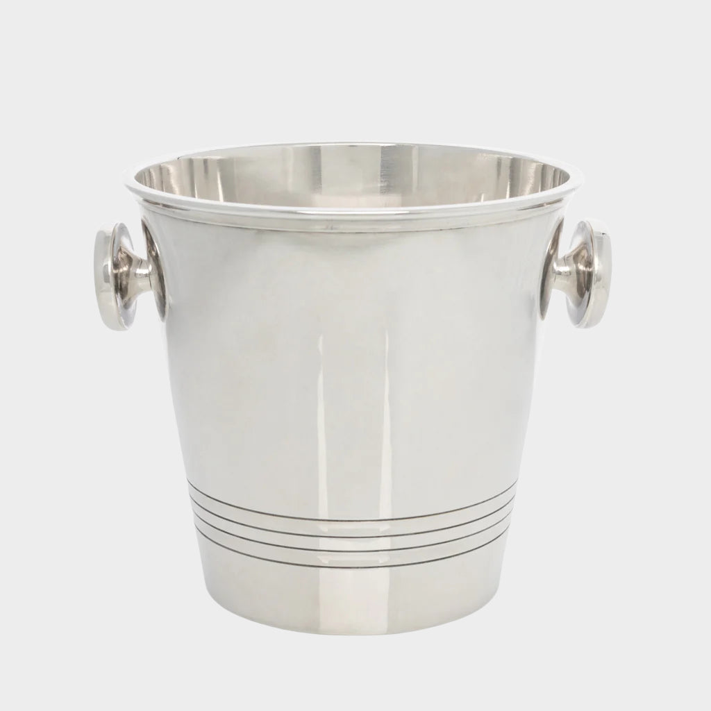 Vintage silverplate Iain ice bucket with two handles and three horizontal etched lines.