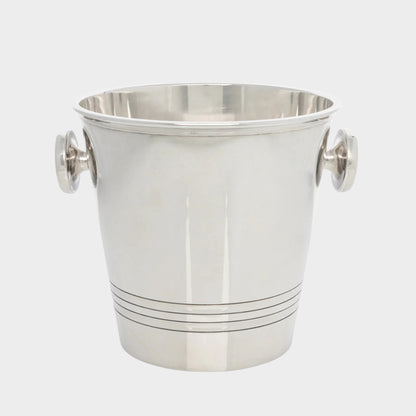 Vintage silverplate Iain ice bucket with two handles and three horizontal etched lines.