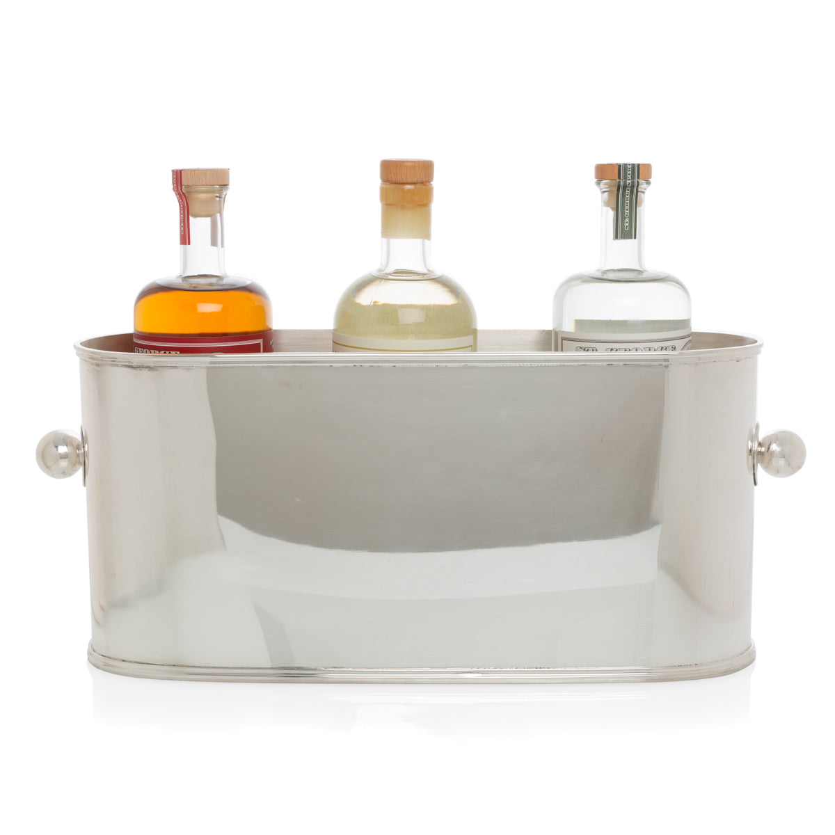 Vintage silverplate oval 4-bottle ice bucket with ball handles, holding three liquor bottles.
