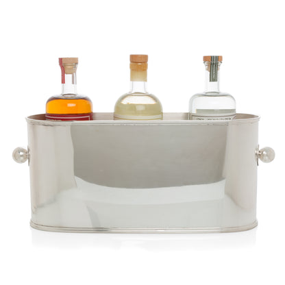 Vintage silverplate oval 4-bottle ice bucket with ball handles, holding three liquor bottles.