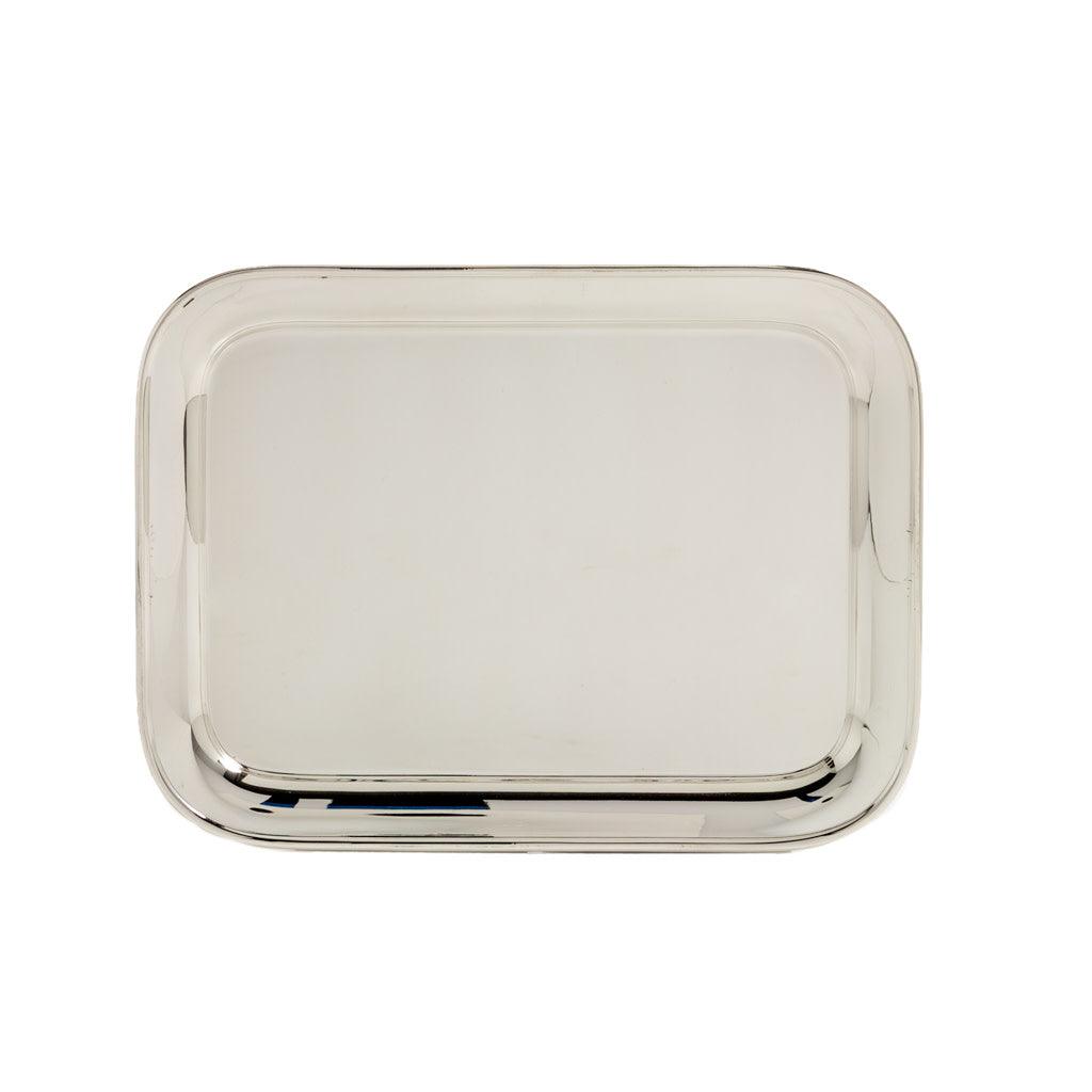 Vintage silverplate rectangular hotel serving tray with rounded corners and polished finish.