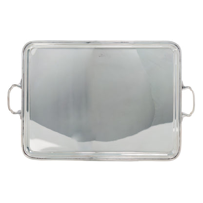Vintage silverplate rectangular handled tray with a polished finish.